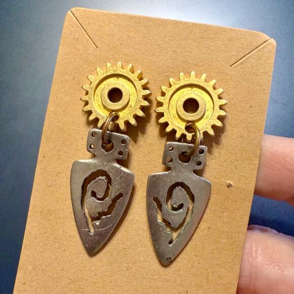 Steampunk Mixed Metal Handcrafted Artisan Drop Earrings - Picture 6 of 6